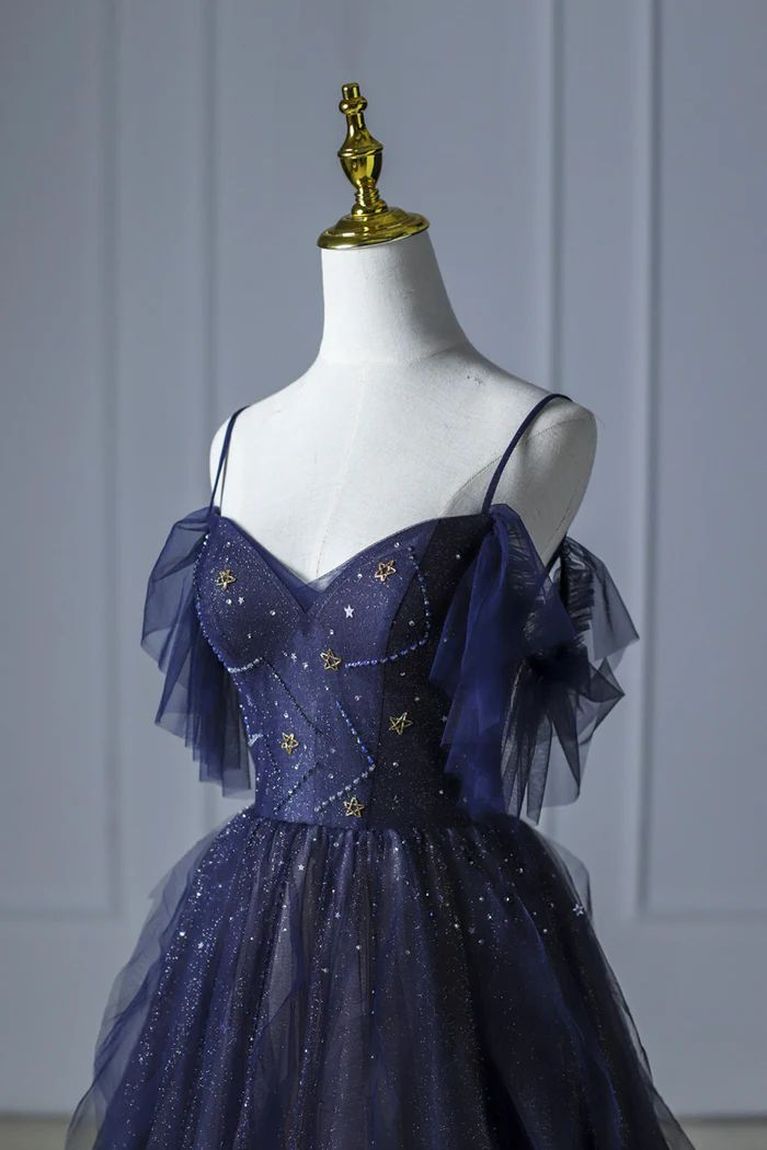 Beautiful Blue Gradient Tulle Long Prom Dress, Spaghetti Strap Evening Dress HZ1023