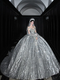Silver Sequin Ball Gown Round Neck Prom Dress Evening Dress Party Dress HZ1023