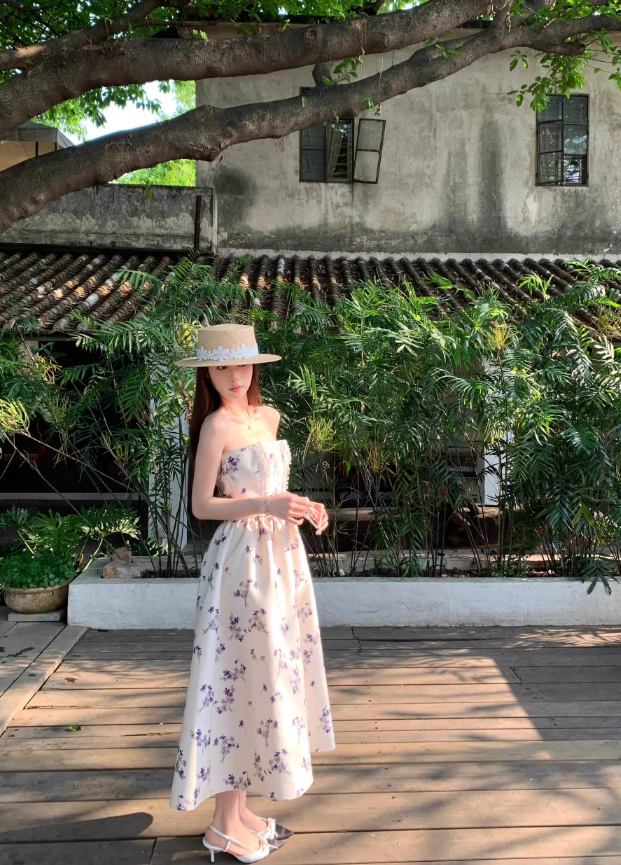 Purple Print Floral A Line Strapless Satin Long Prom Dress Party Dress Birthday Dress HZ1023