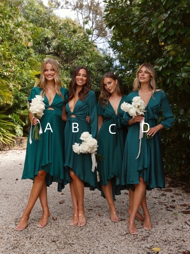 Elegant A Line V Neck Green Satin Short Evening Dress Bridesmaid Dress HZ1023