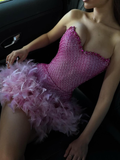 Sexy Pink Strapless Beaded Tulle Feather Short Prom Dress HZ1023