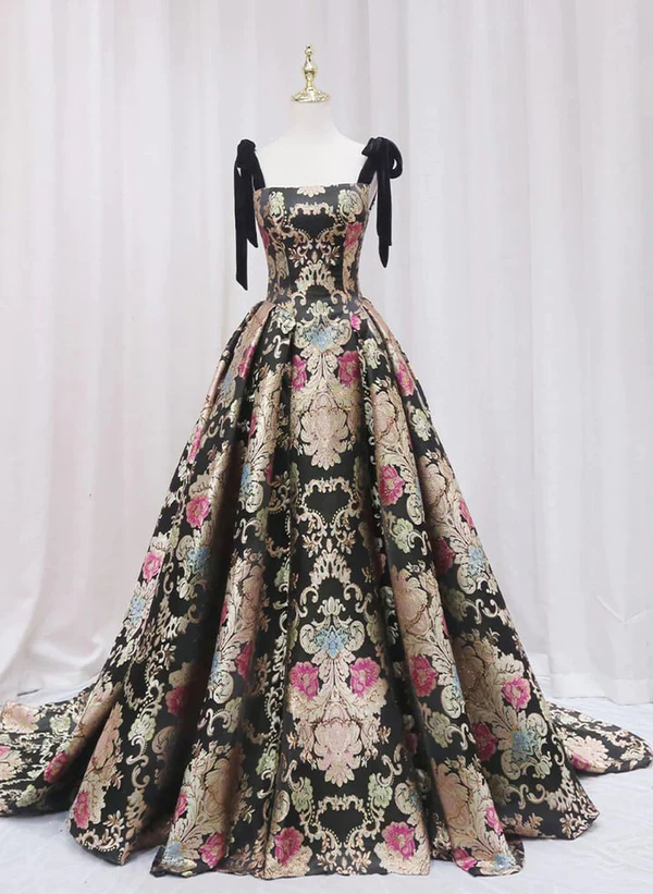 Vintage Satin Straps Floral Long Formal Evening Long Dress Prom Dress HZ1023