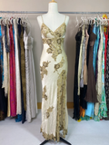 Vintage Sheath Spaghetti Strap Lace Champagne Satin Party Dress Evening Dress with Slit HZ1023