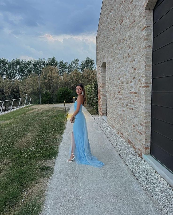 Blue Elegant Slit Prom Dress Long Strapless Evening Dress HZ1023