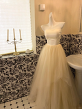 Simple Light Champagne A Line Strapless Satin Tulle Party Dress Prom Dress HZ1023