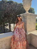 Pink A Line Straps Corset Print Floral Chiffon Prom Dress Party Dress HZ1023
