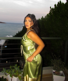Sexy A Line V Neck Beaded Green Satin Open Back Long Party Dress Evening Dress HZ1023