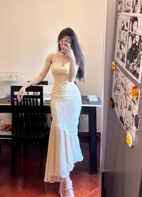 Apricot Mermaid Spaghetti Strap Lace Chiffon Long Party Dress Evening Dress HZ1023
