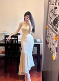 Apricot Mermaid Spaghetti Strap Lace Chiffon Long Party Dress Evening Dress HZ1023