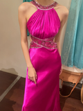 Vintage Mermaid Halter Beaded Sequin Pink Satin Long Open Back Party Dress Cocktail Dress HZ1023