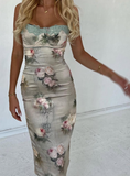 Sexy Sheath Spaghetti Strap Lace Print Floral Satin Prom Dress Evening Dress HZ1023