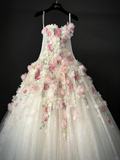Romantic Pink Floral A Line Sweetheart Neck Tulle Long Prom Dress Gown Dress HZ1023