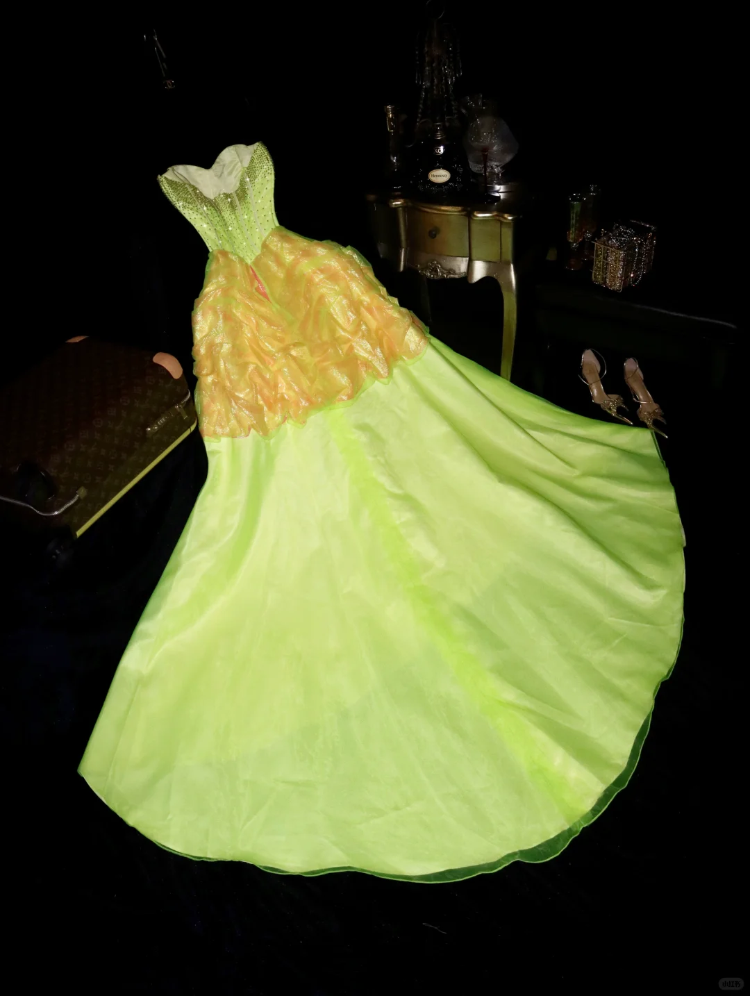 Shiny A Line Sweetheart Neck Rhinestone Satin Chiffon Long Party Dress Evening Dress HZ1023