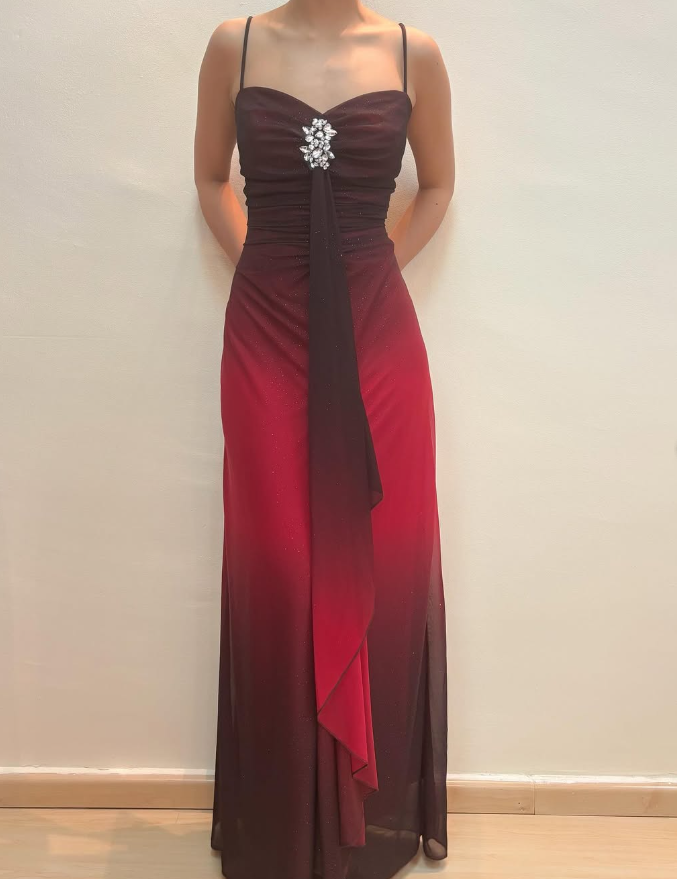 Vintage Sheath Straps Rhinestone Ombre Red Chiffon Prom Dress Evening Dress HZ1023