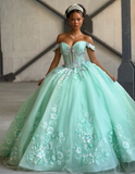 Pretty Green Ball Gown Off the Shoulder Appliques Tulle Sweet 16 Dress Party Gowns Quinceanera Dresses HZ1023