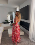 Spaghetti Straps Chiffon Ruffles Print Floral A-Line Long Party Dress Prom Dress HZ1023