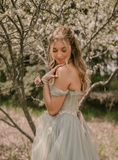2025 New A Line Off the Shoulder Appliques Tulle Long Prom Dress Evening Dress HZ1023