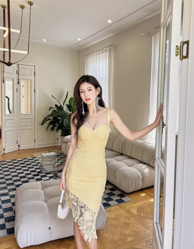 Gentle Yellow Sheath Spaghetti Strap Lace Short Homecoming Dress Cocktail Dress HZ1023
