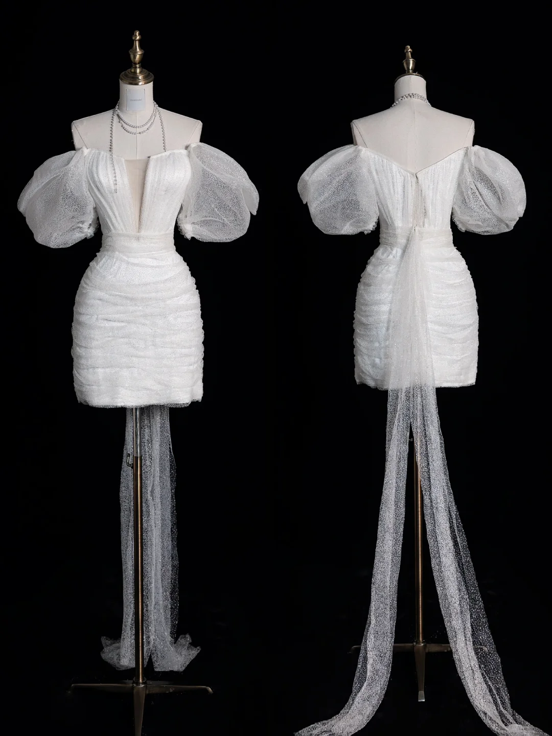 Cute Sheath Puff Sleeve White Tulle Short Prom Dress Graduation Prom Dress HZ1023