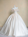 Elegant Ball Gown Off the Shoulder Floral Ivory Satin Prom Dress Wedding Dresses HZ1023