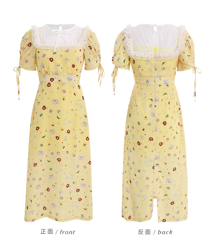 Cute A Line Puff Print Floral Lace Yellow Chiffon Summer Dress Party Dress Outfits HZ1023