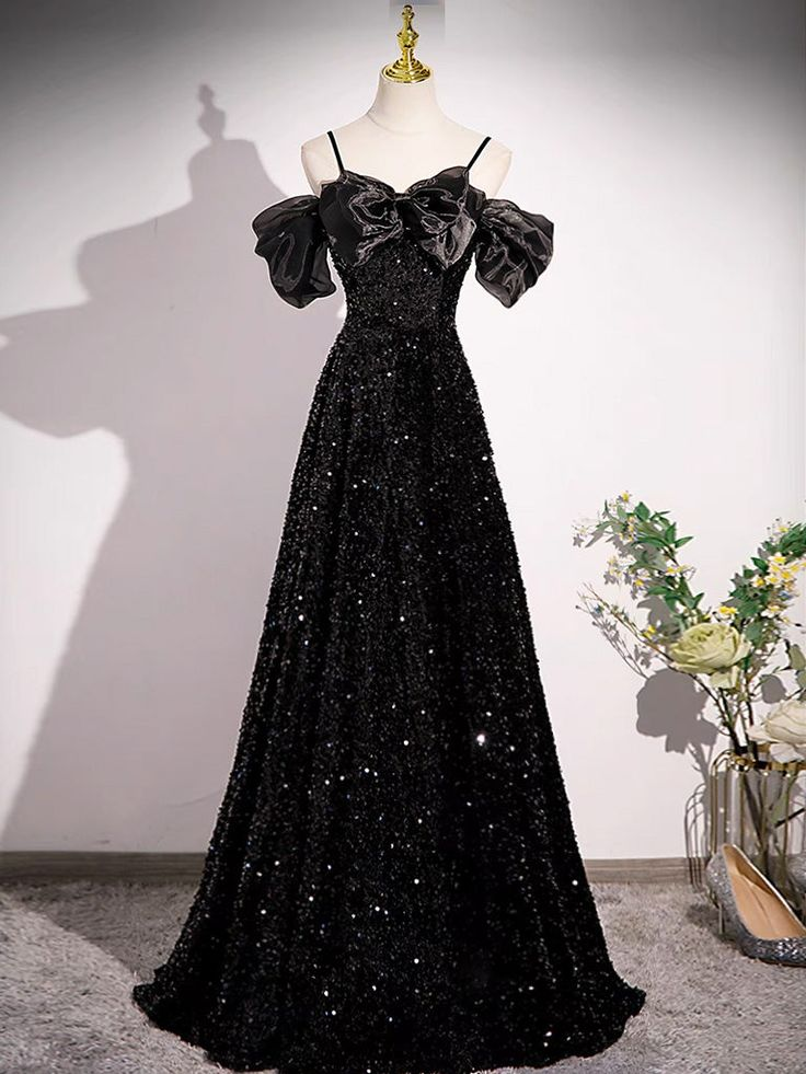 Black Off Shoulder Sequin Long Prom Dress Evening Dress With Bow Knot HZ1023