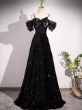 Black Off Shoulder Sequin Long Prom Dress Evening Dress With Bow Knot HZ1023