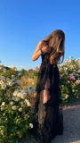 Black Deep V Neck Long Prom Dress HZ1023