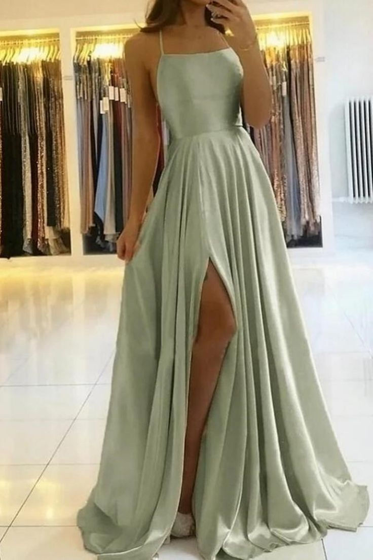 Simple A Line Sage Green Long Prom Dress With Slit Evening Party Dress HZ1023