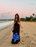 Black A Line Spaghetti Strap Print Floral Satin Open Back Prom Dress Evening Dress HZ1023