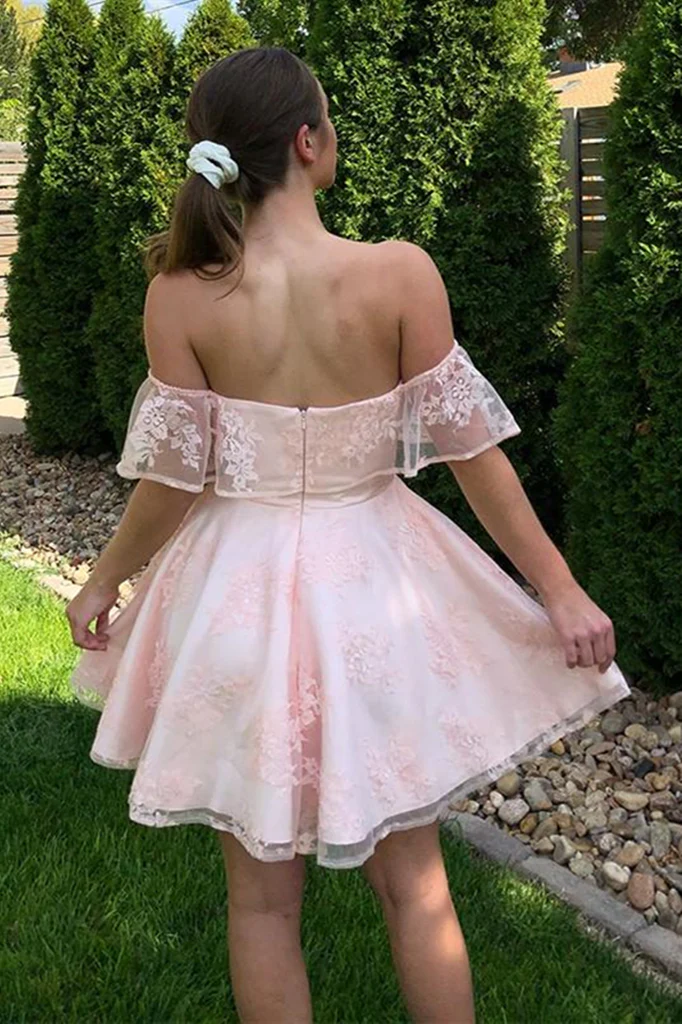 Off Shoulder Short Pink Lace Graduation Homecoming Dresses ,Prom Dresses HZ1023