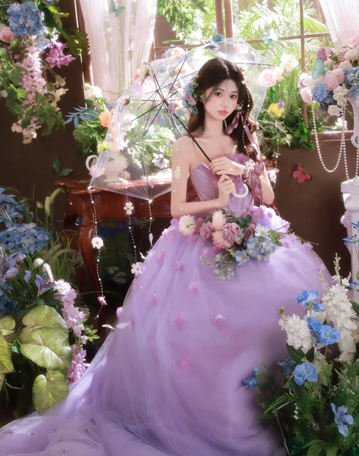Purple Ball Gown Strapless Corset Floral Tulle Prom Dress 16th Birthday Dress HZ1023