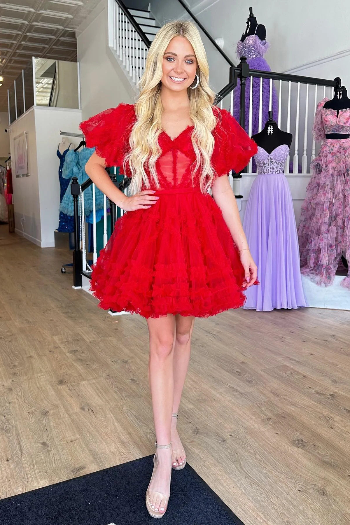 Pink Off-the-Shoulder Ruffles Puff Sleeves Homecoming Dress,Party Dress HZ1023