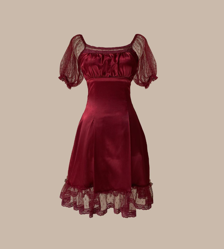 Classic Burgundy A Line Puff Lace Satin Short Homecoming Dress Cocktail Dress HZ1023