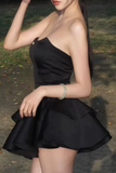 Chic Strapless Black Satin Short Prom Dress Layered Homecoming Dresses HZ1023
