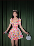 Vintage A Line Pink Print Floral Satin Birthday Dress Homecoming Dress Outfits HZ1023