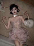 Pink Sequin A Line Spaghetti Strap Layered Organza Short Homecoming Dress Birthday Dress HZ1023