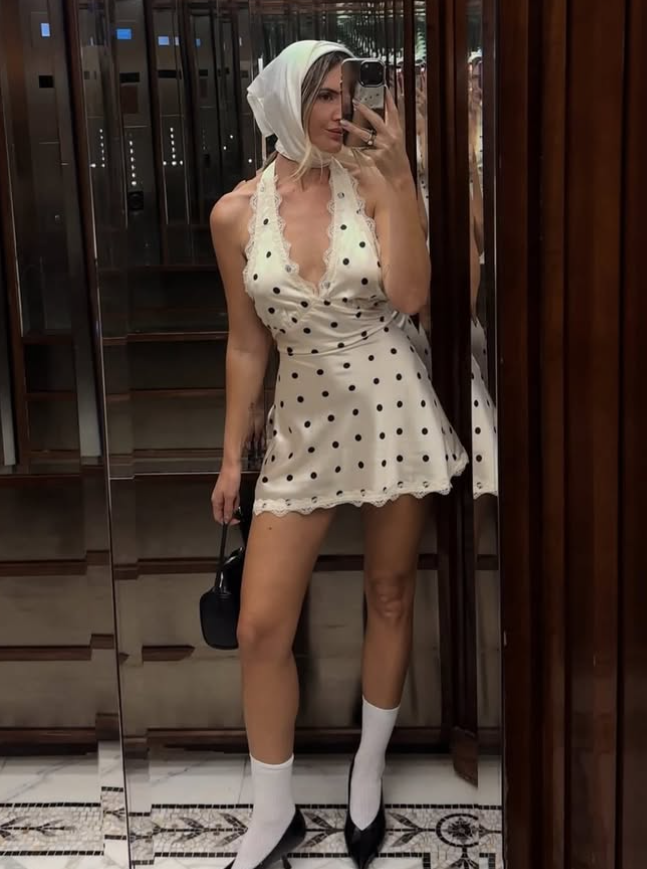 Cute A Line Halter Polka Dot Lace Satin Short Homecoming Dress Cocktail Dress HZ1023