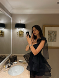 Black Bow A Line Spaghetti Strap Organza Short Homecoming Dress Cocktail Dress Outfits HZ1023