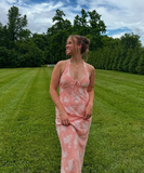Pink Sheath Halter Print Floral Chiffon Long Prom Dress Vacation Dress HZ1023