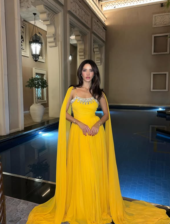 Yellow A Line Spaghetti Straps Rhinestone Chiffon Long Prom Dress Evening Dress HZ1023