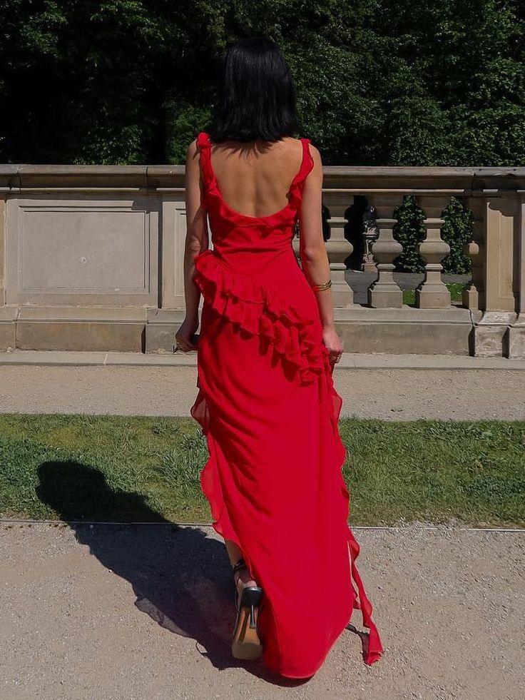 Red Chiffon Prom Dress Long Ruffle Party Dress Evening Dress HZ1023