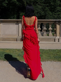 Red Chiffon Prom Dress Long Ruffle Party Dress Evening Dress HZ1023