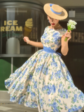 Vintage A Line Round Neck Blue Print Floral Satin Prom Dress Evening Dress HZ1023