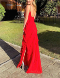 Sexy Backless Straps Black Chiffon Ruffles Slit Prom Dress Party Dress HZ1023