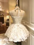 White A Line Spaghetti Strap Pearl Lace Short Homecoming Dress Cocktail Dress HZ1023