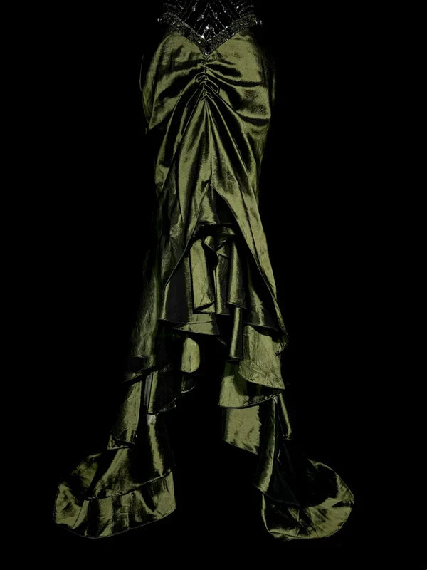 Vintage Mermaid Halter Olive Green 1950s Retro Classy Satin Long Prom Dresses Party Dress 21st Birthday Outfits Graduation Dresses HZ1023