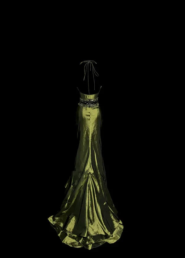 Vintage Mermaid Halter Olive Green 1950s Retro Classy Satin Long Prom Dresses Party Dress 21st Birthday Outfits Graduation Dresses HZ1023