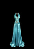 Vintage A line Halter Blue 1950s Retro Classy Satin Long Prom Dresses Party Dress 21st Birthday Outfits Graduation Dresses HZ1023
