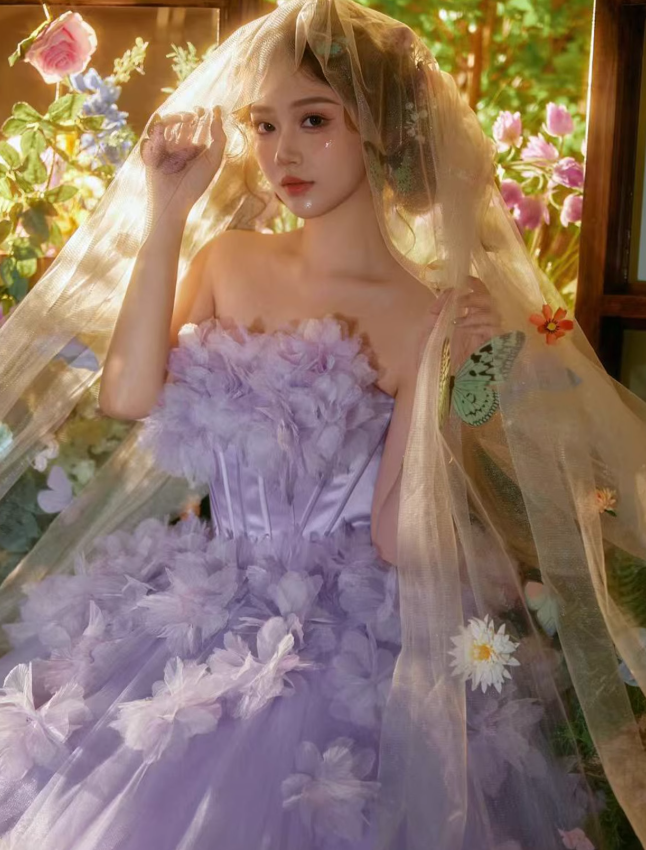 Purple Pretty Ball Gown Strapless Floral Tulle Prom Dress 16th Birthday Dress HZ1023